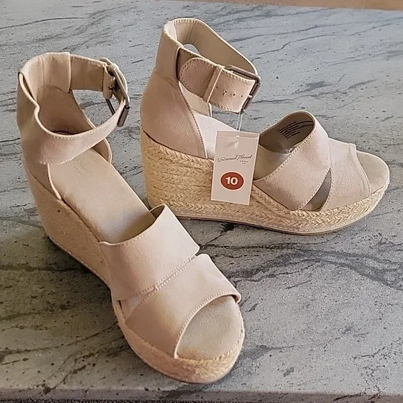 Universal Thread Jute/Faux Suede Boho Platform Wedge Peep Toe Heels Taupe sz 10 - Picture 2 of 14
